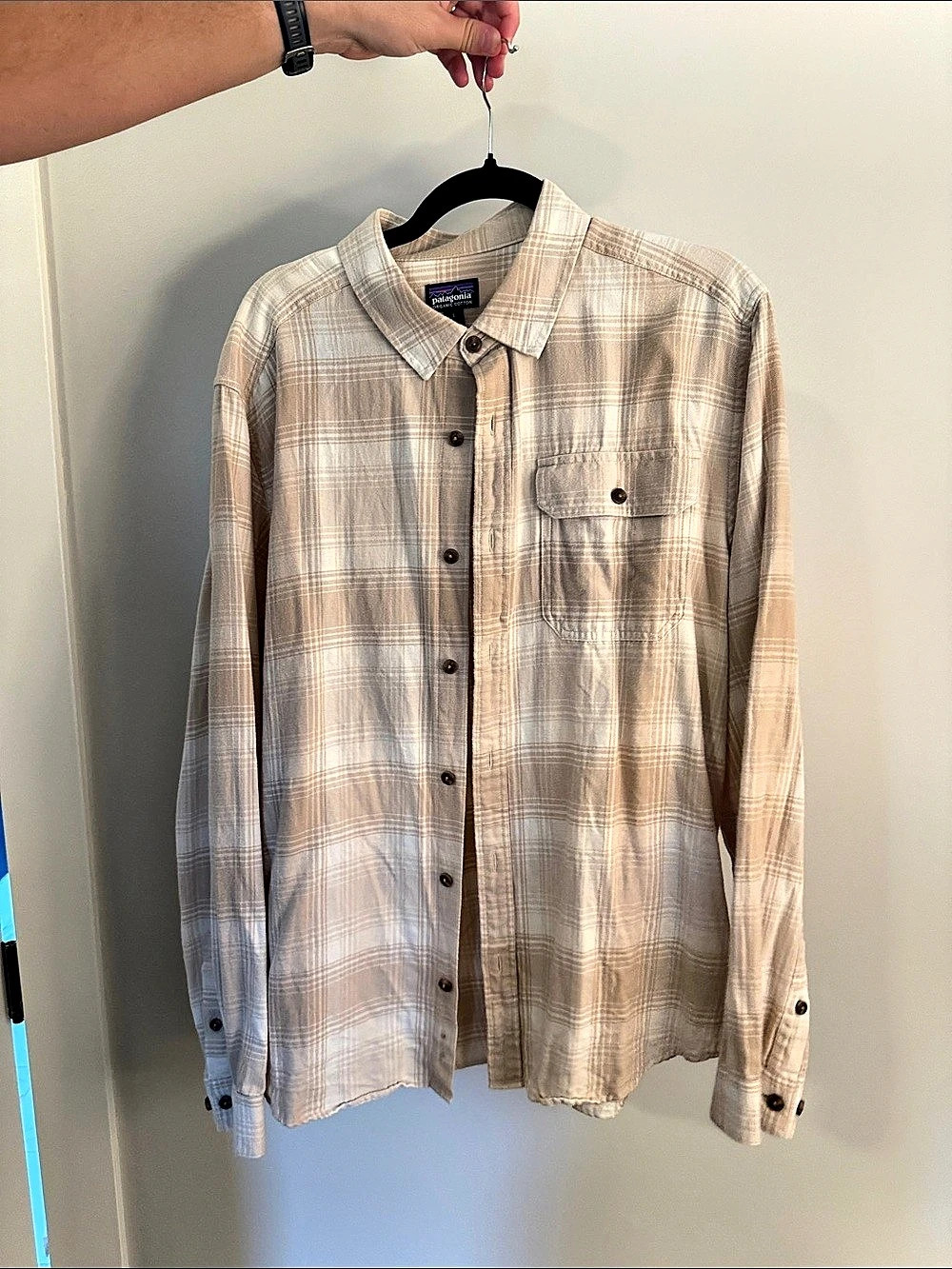 Patagonia Plaid Organic Cotton Shirt in Beige & White Size Large Flannel